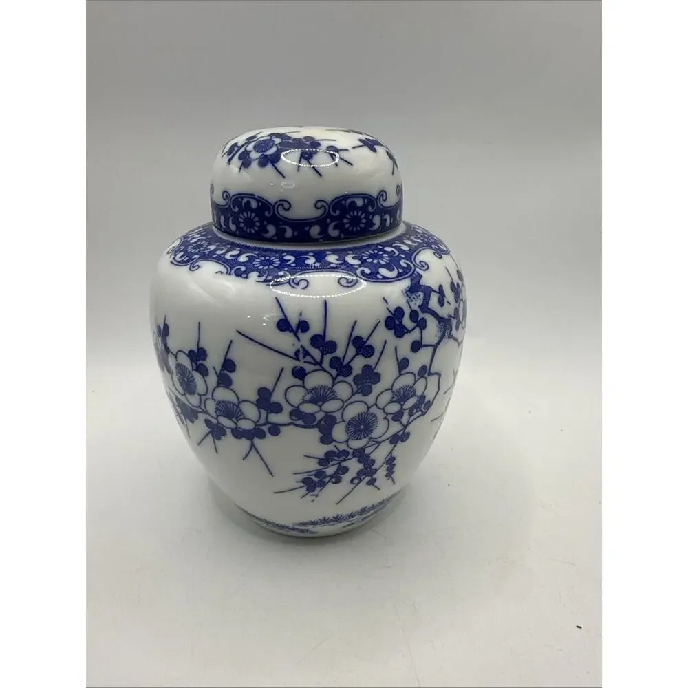 Blue & White Porcelain Floral Ginger Jar Style Lidded Jar Made in Japan *